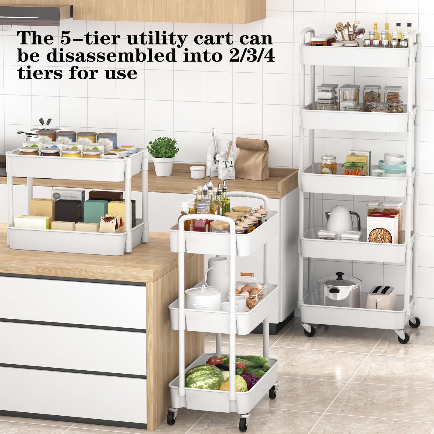 Sywhitta 5-Tier Plastic Rolling Utility Cart with Handle, Multi-Functional Storage Trolley for Office, Living Room, Kitchen