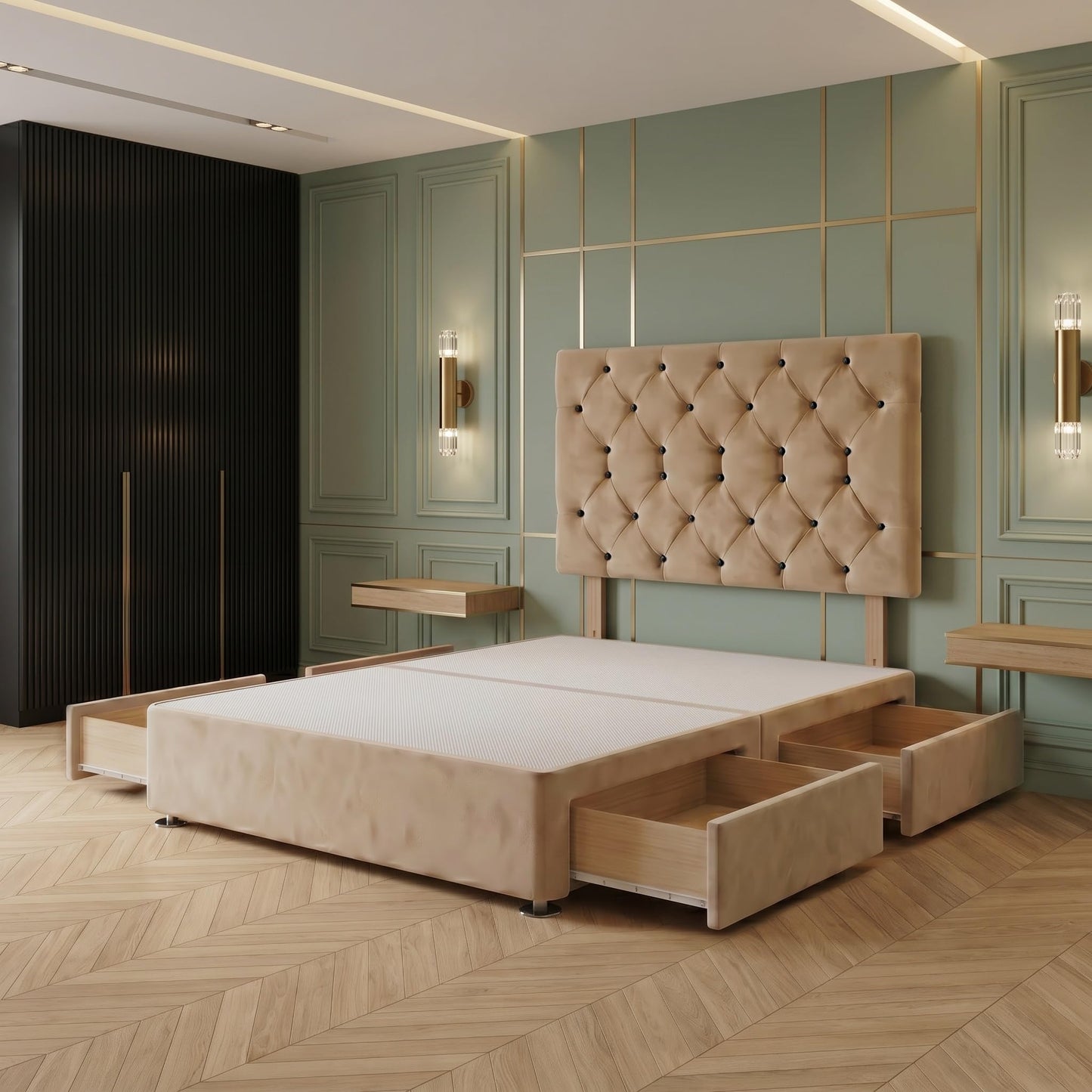 Bed Centre Premier Divan Base with 2 Drawers and Matching Headboard - Available in Multiple Fabrics and Colours (3FT Single, Plush Beige)