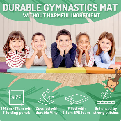 PhysKcal 5-Panel Folding Gymnastics Tumbling Mat with Carrying Handles, Thick Exercise Mat, Foldable for Kids, Padding MMA, Gymnastics, Activity Play