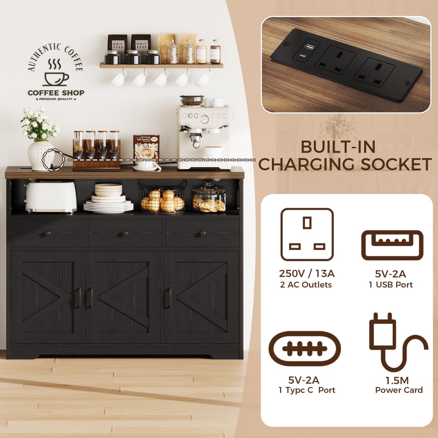 IRONCK Sideboard Kitchen Cabinet with Power Outlets, 107x35x95cm, Black