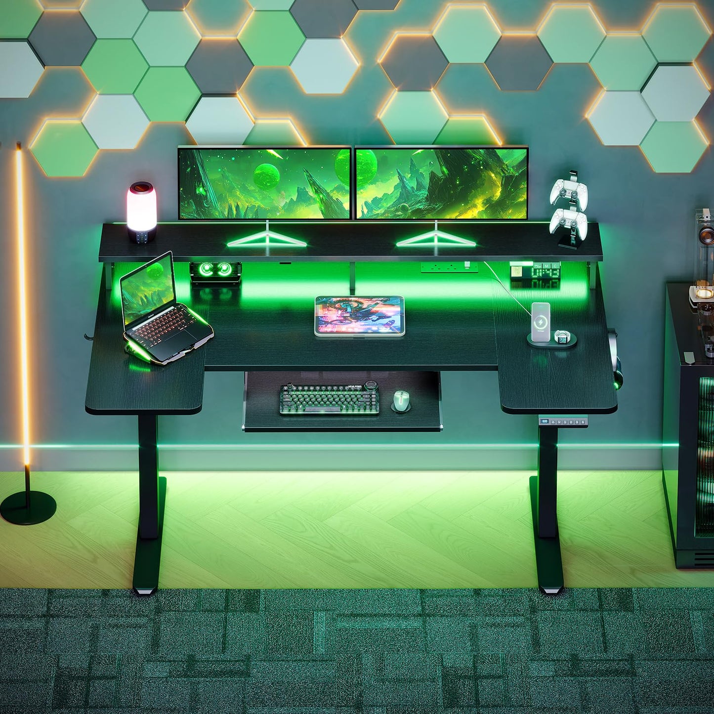 OffiGo Standing Desk, 120cm U Shaped Desk with LED Lights & Power Outlets