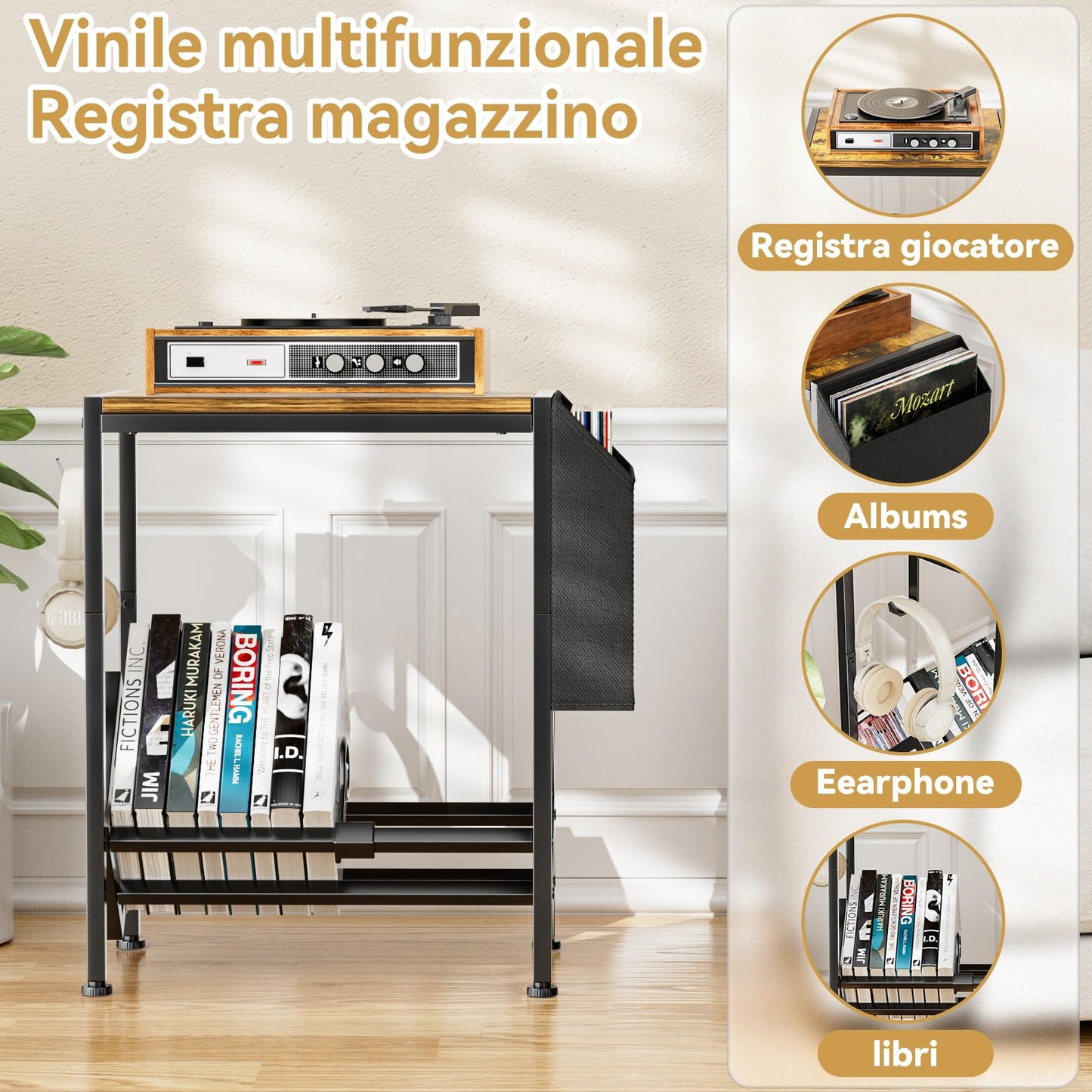 Vinyl Record Player Stand - Retro Vinyl Holder and Record Player Table, up to Storage 80 Albums, with Turntable Castors and Organising Fabric Bag