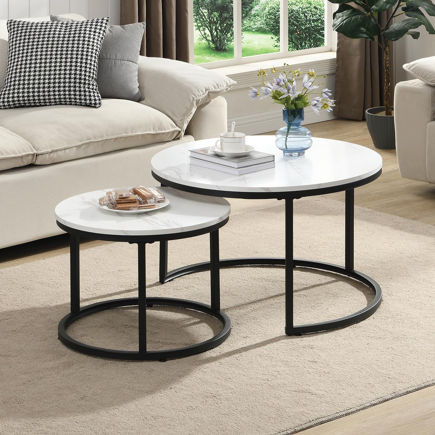 Coffee Table, Modern Side Table, Round Nesting Tables Tet of 2, Round Coffee Table for Living Room, Bedroom, Office, 70cm*50cm, White