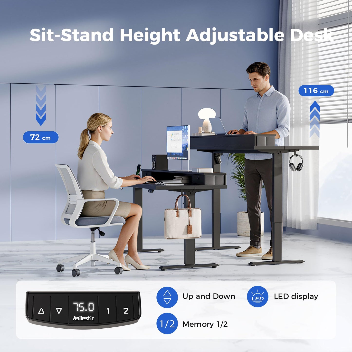 Agilestic Electric Adjustable Height Desk, with 2 Fabric Drawers, 100x60cm