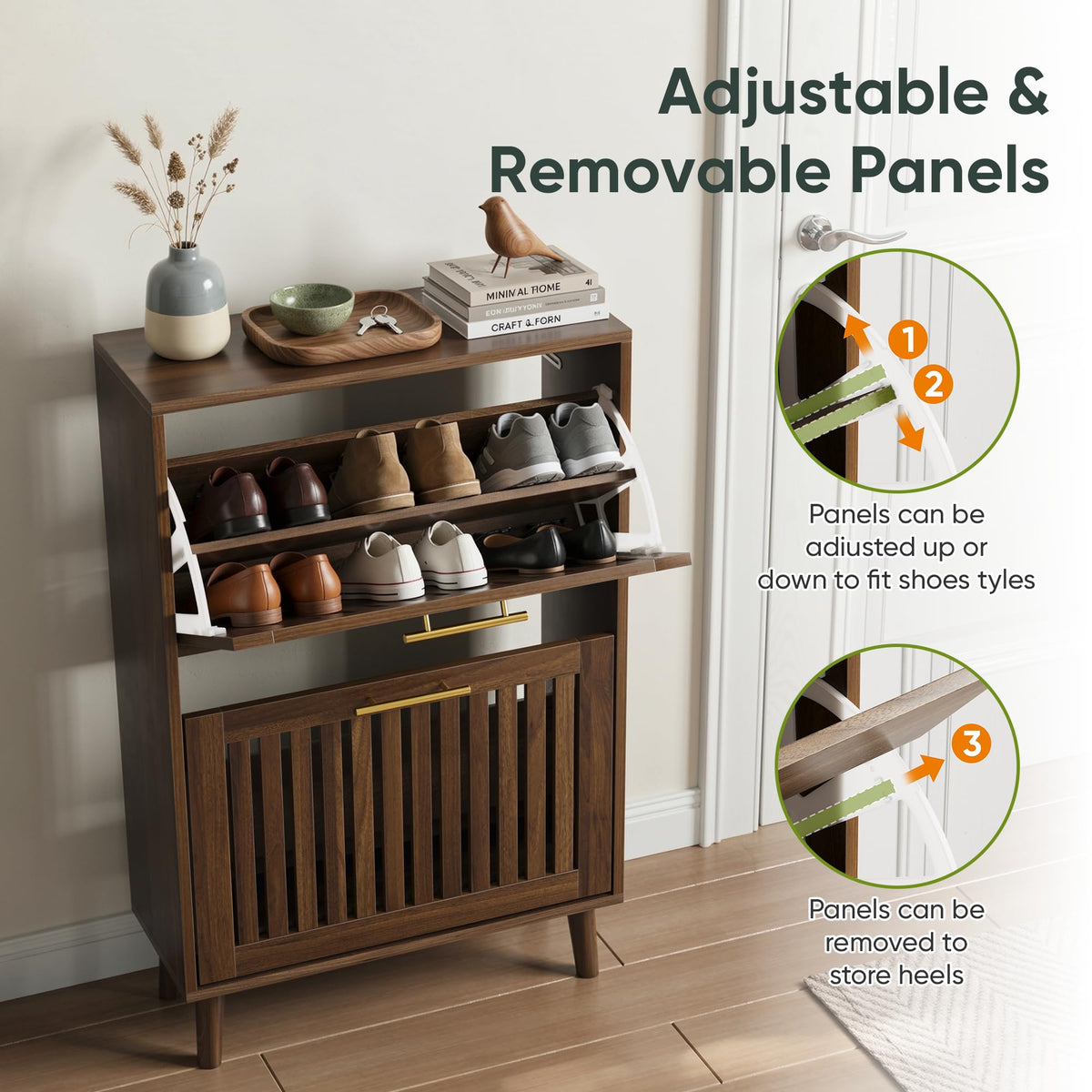 Smart FENDEE Shoe Cabinet with 2 Flip Slatted Drawers, Farmhouse Slim Shoe Organizer Rack with Golden Handles