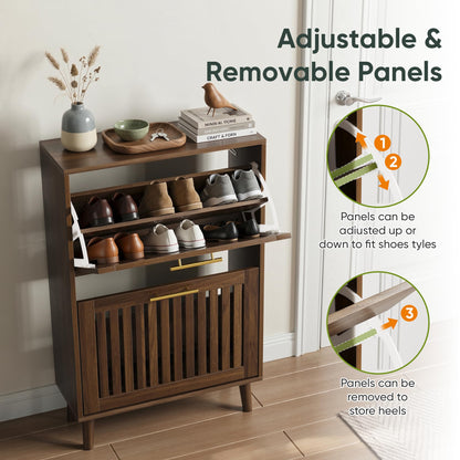 Smart FENDEE Shoe Cabinet with 2 Flip Slatted Drawers, Farmhouse Slim Shoe Organizer Rack with Golden Handles