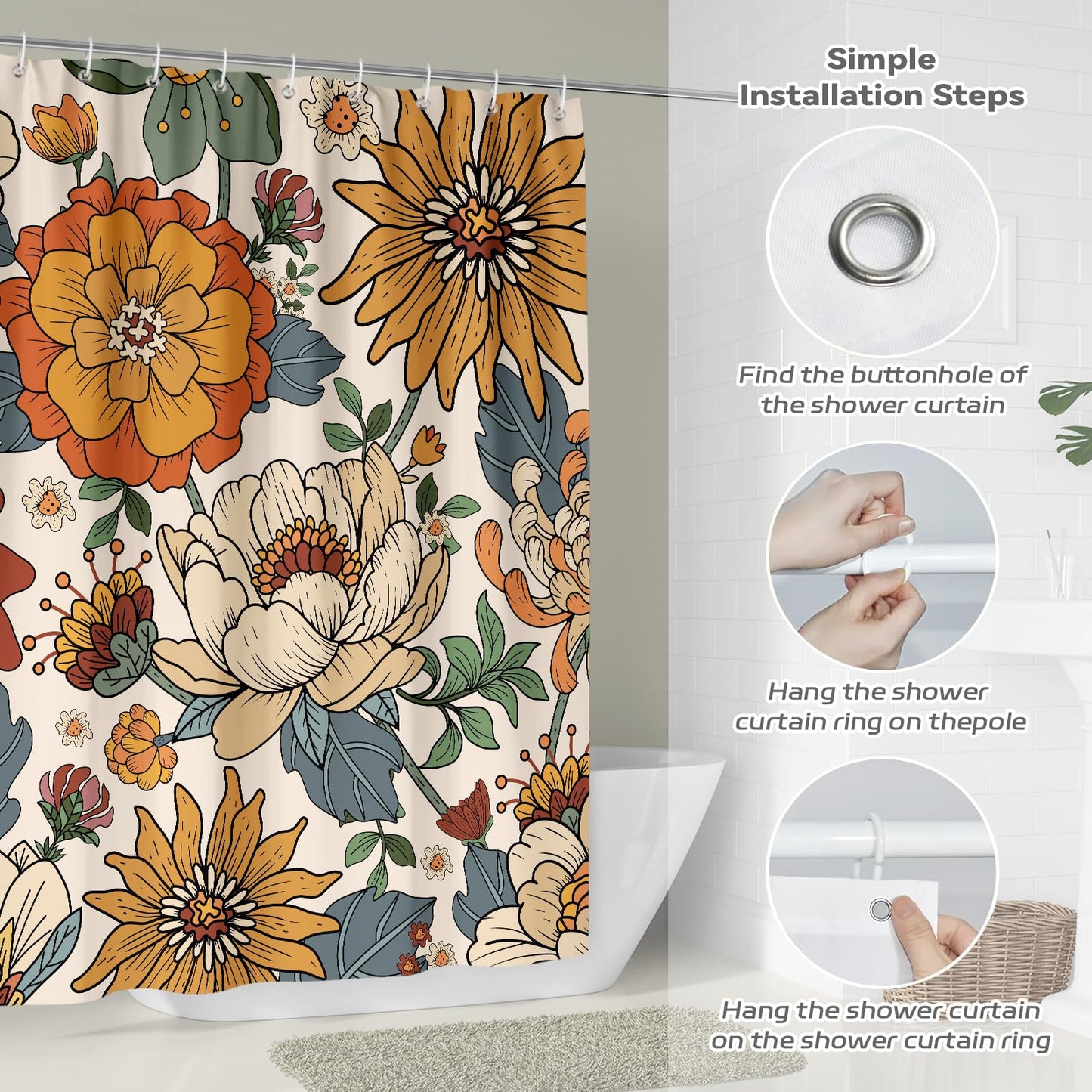 Hopomoon Beige Boho Shower Curtain,Beige Vintage Floral Abstract Farmhouse Bohemian Waterproof Fabric Bathroom Curtain with 12 Hooks,180 x 180cm