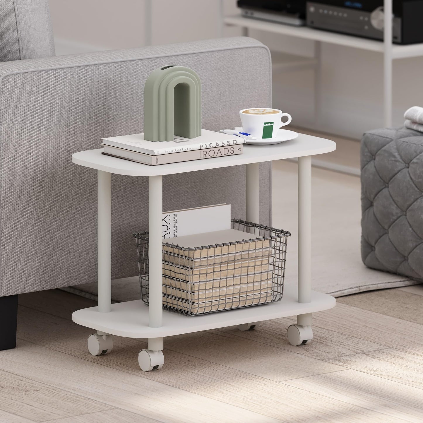 Furinno TURN-N-TUBE Side Table, 2-Tier Oval Sofa End Table with Wheels, Round Corner Night Stand, Bedside Table with Open Shelf, Toolless Assembly