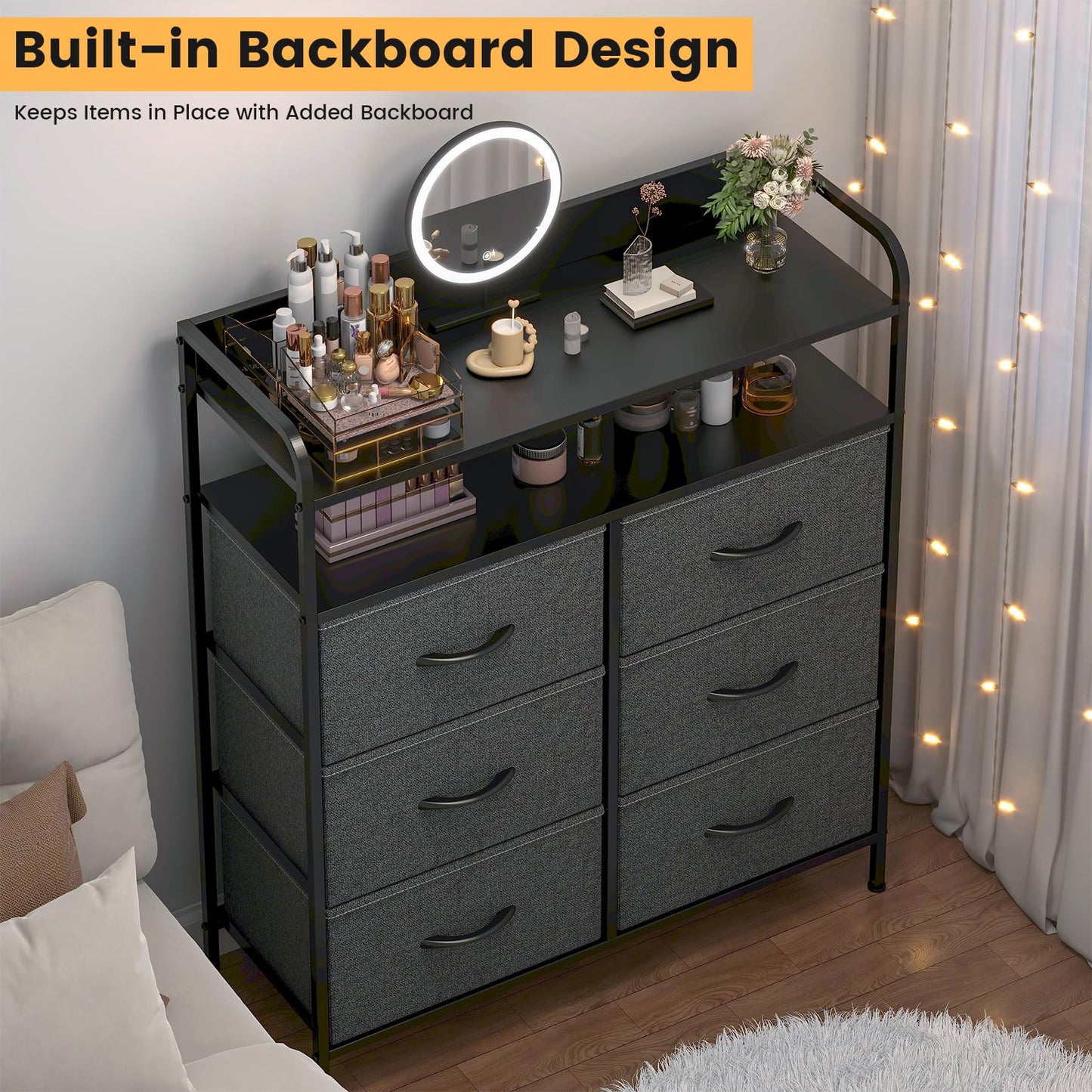 GoaHi Chest of Drawers, Dresser for Bedroom with 6 Fabric Drawers, Tall Storage Organizer Unit with 2 Layers Shelf for Bedrooms,Living Rooms