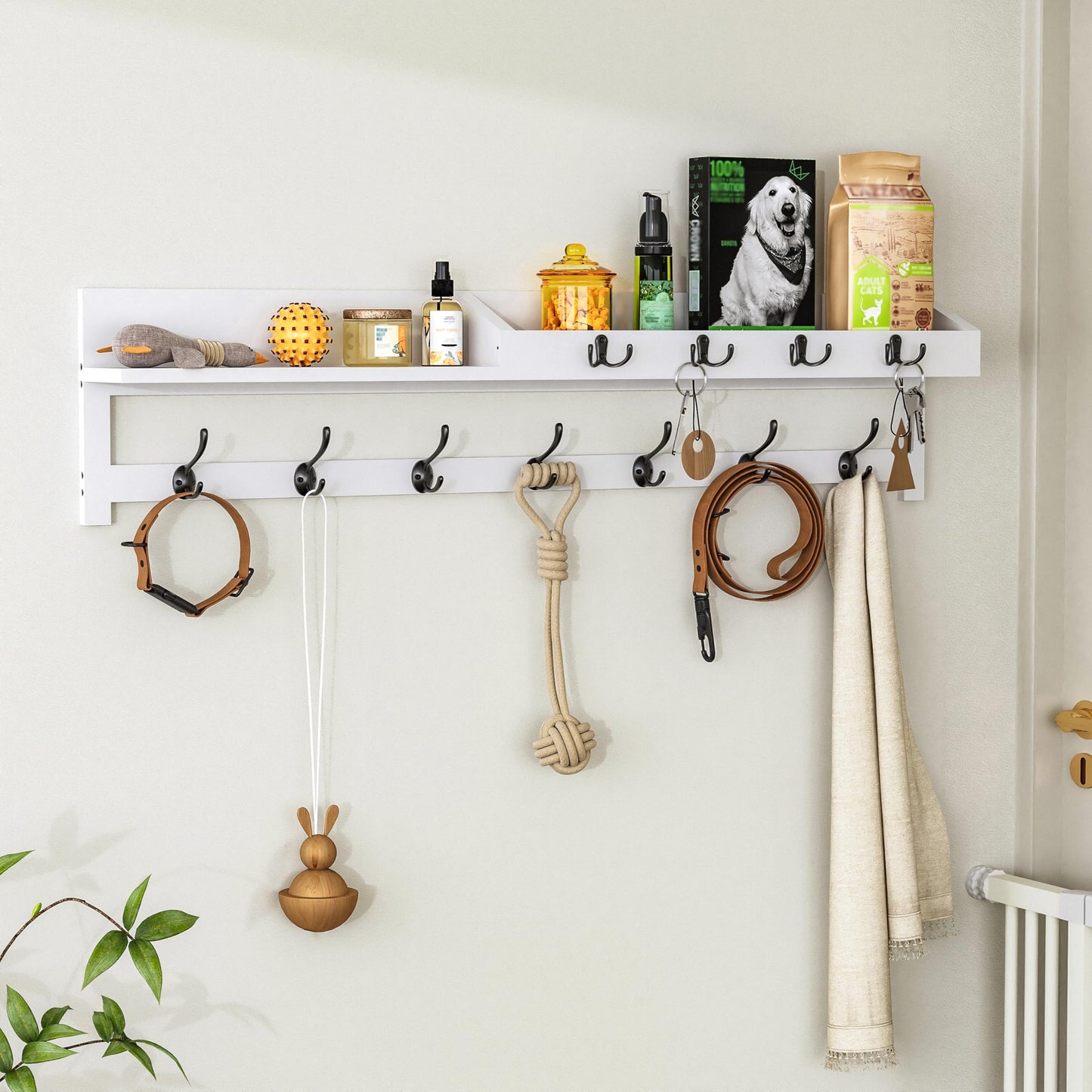 AMBIRD 89cm Wall-Mounted Coat Rack, Extra Long Coat Hooks, Entryway Shelf with 7 Dual and 4 Key Hooks, Mail Organiser, Wooden Wall Coat Rack