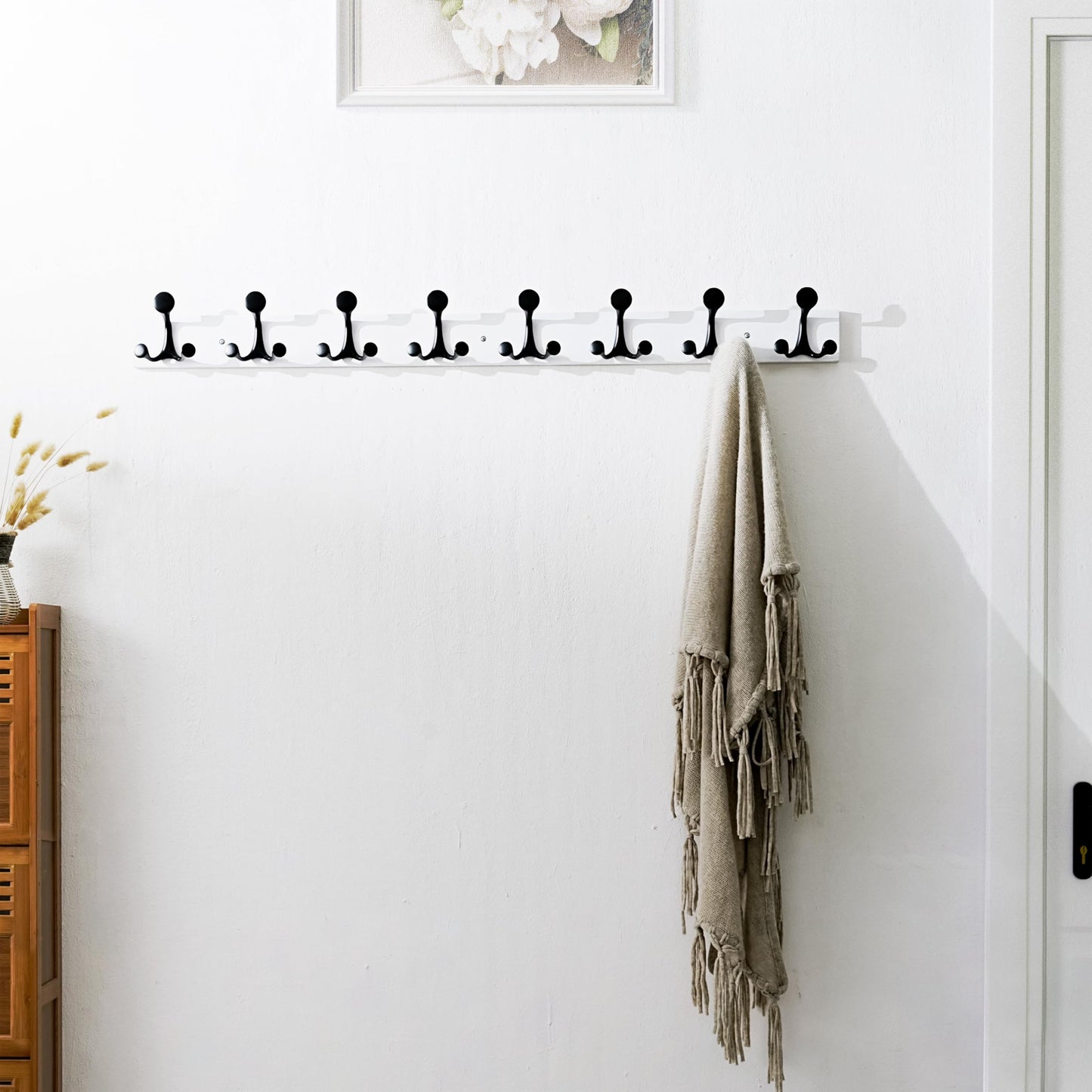 SKOLOO 109 cm White Wood Coat Rack Wall Mount with 8 Triple Hooks - Ideal for Family Entrances, Classrooms, and Pet Supplies Storage