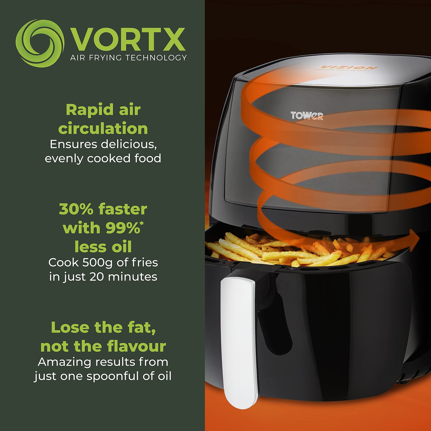 Tower T17072 Vortx Vizion Digital Air Fryer with Rapid Air Circulation, 7L, 1800W, Black