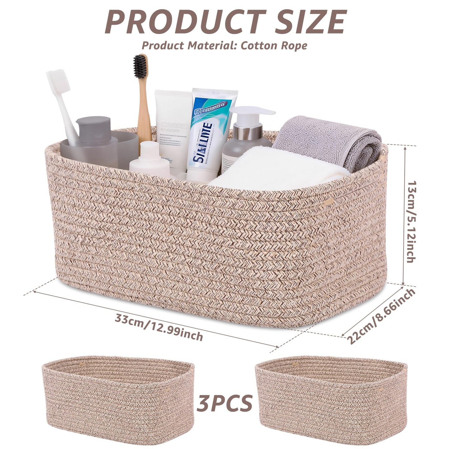 Set of 3 Storage Baskets for Shelves & Nursery, Cotton Rope Woven Basket with Hidden Handle, Empty Baby Gift Baskets