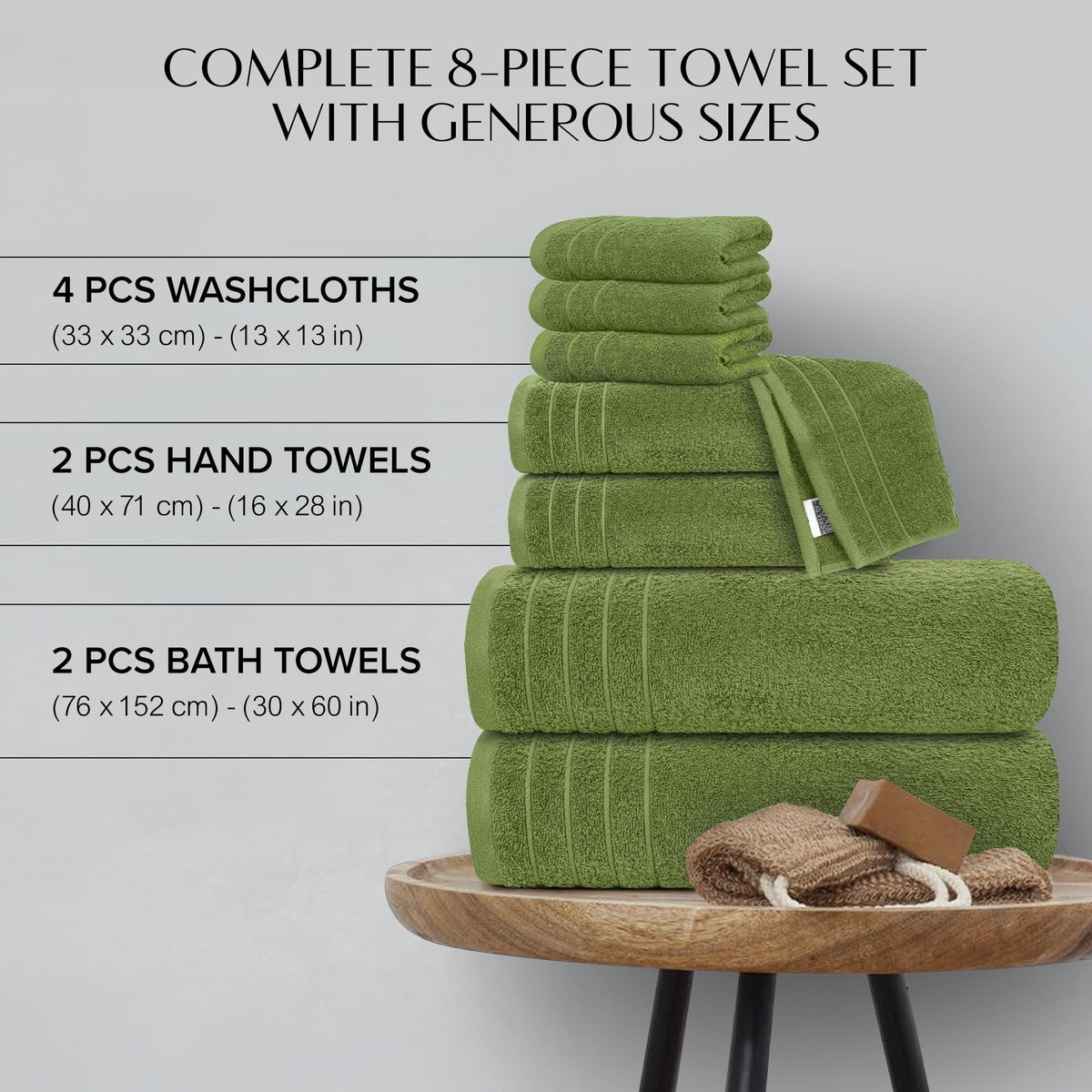 100% Cotton 8 Piece Towel Bale Set - Luxury Bathroom Towels Forest Green