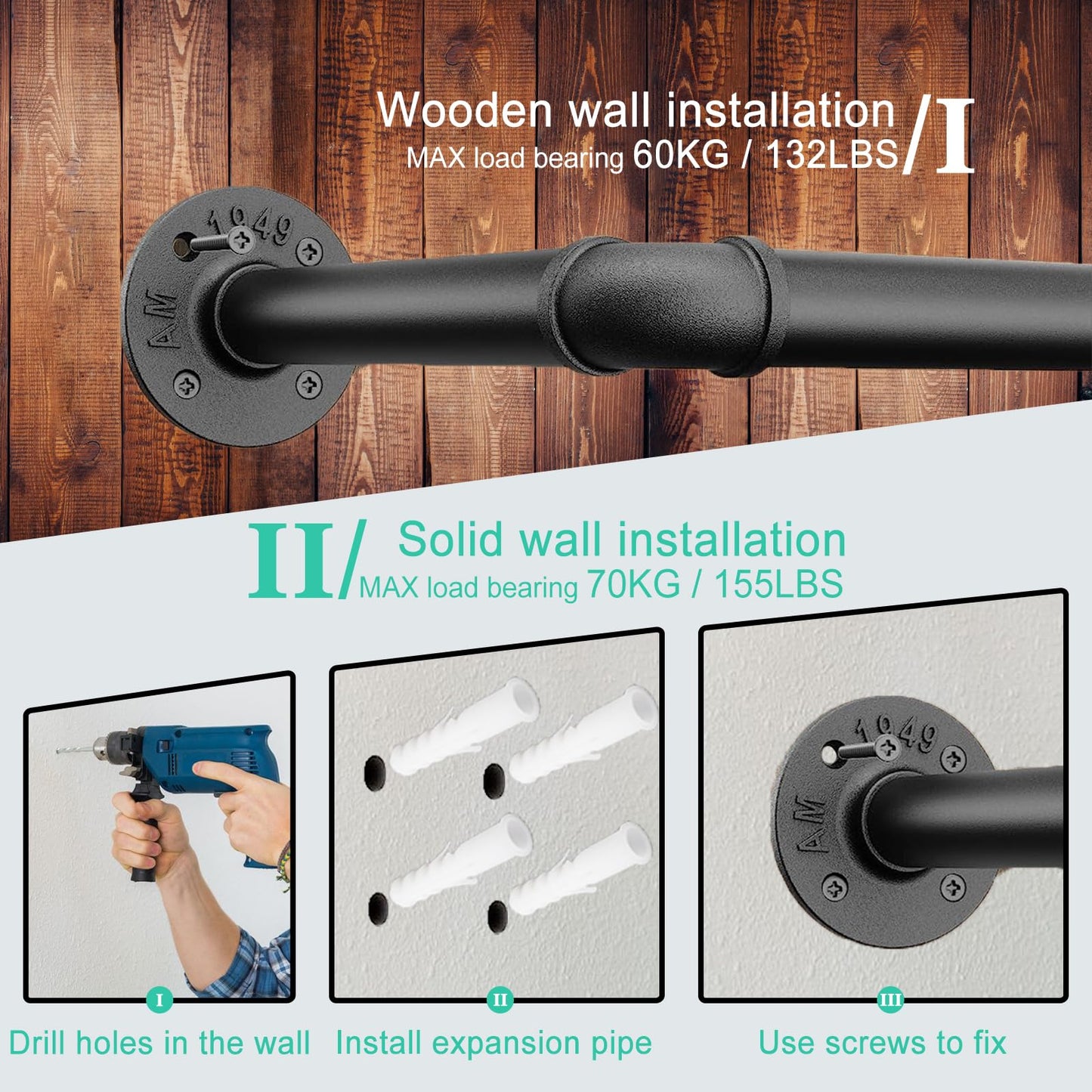 SMILOVII Wall Mounted Clothes Rail, Industrial Clothes Rail Wall Mounted, 92cm Walls Mounted Garment Rail Heavy Duty
