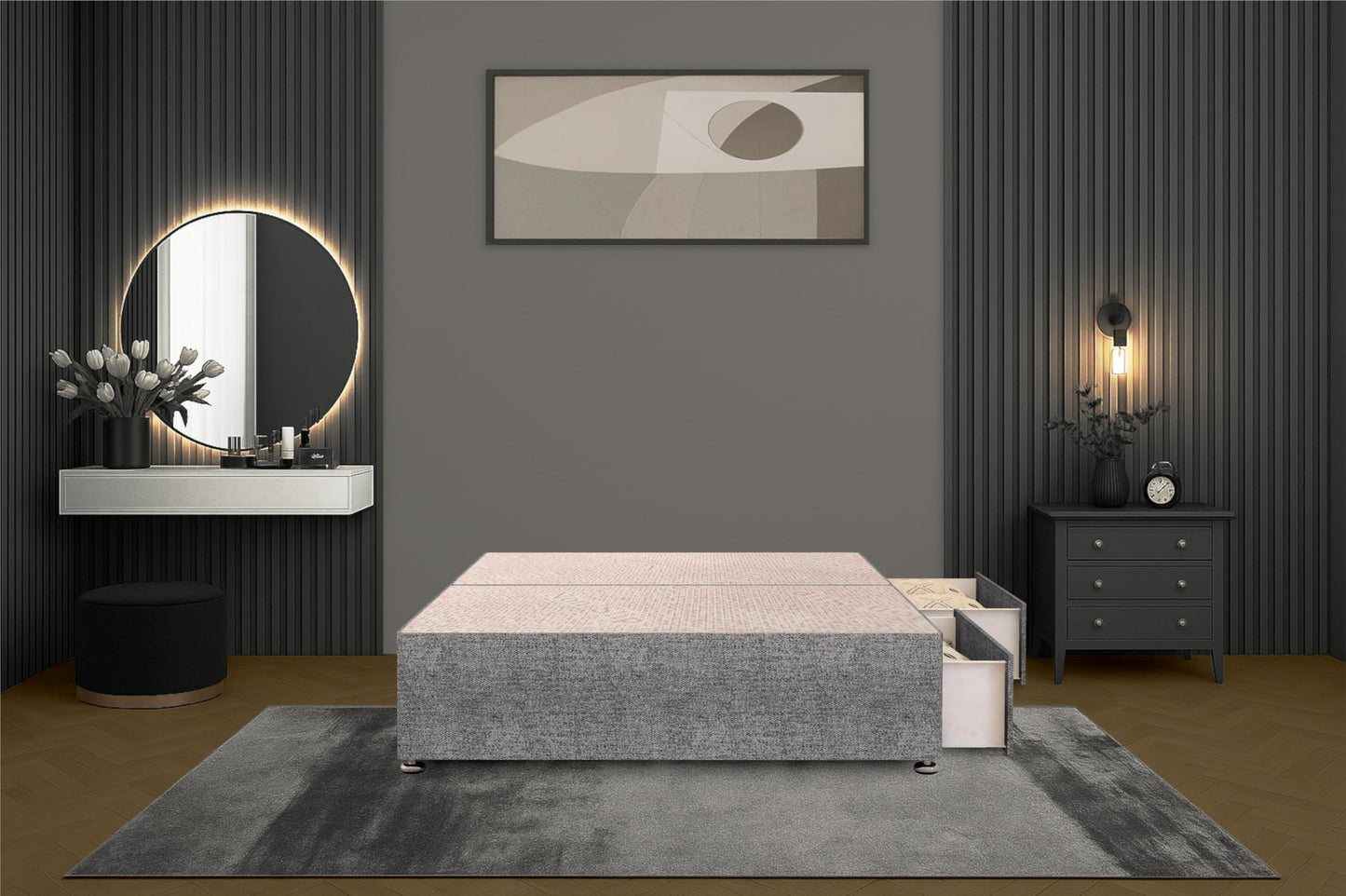 Bed Centre Flexby Divan Bed Base Only with 2 Drawers (Same Side), No Headboard - Available in 3FT, 4FT, 5FT & 6FT (3FT Single, Tweed Grey Fabric)