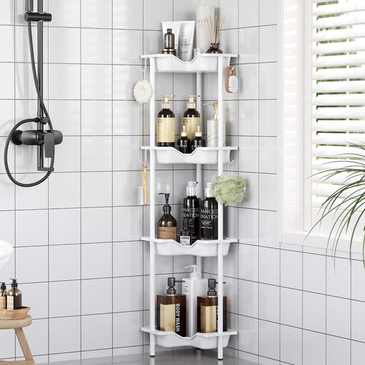 OriwarE Rustproof Floor Standing Corner Shower Caddy Organizer, Plastic Metal Splicing Floor Corner Shelf Rack Stands for Bathroom (White, 4 Tier)