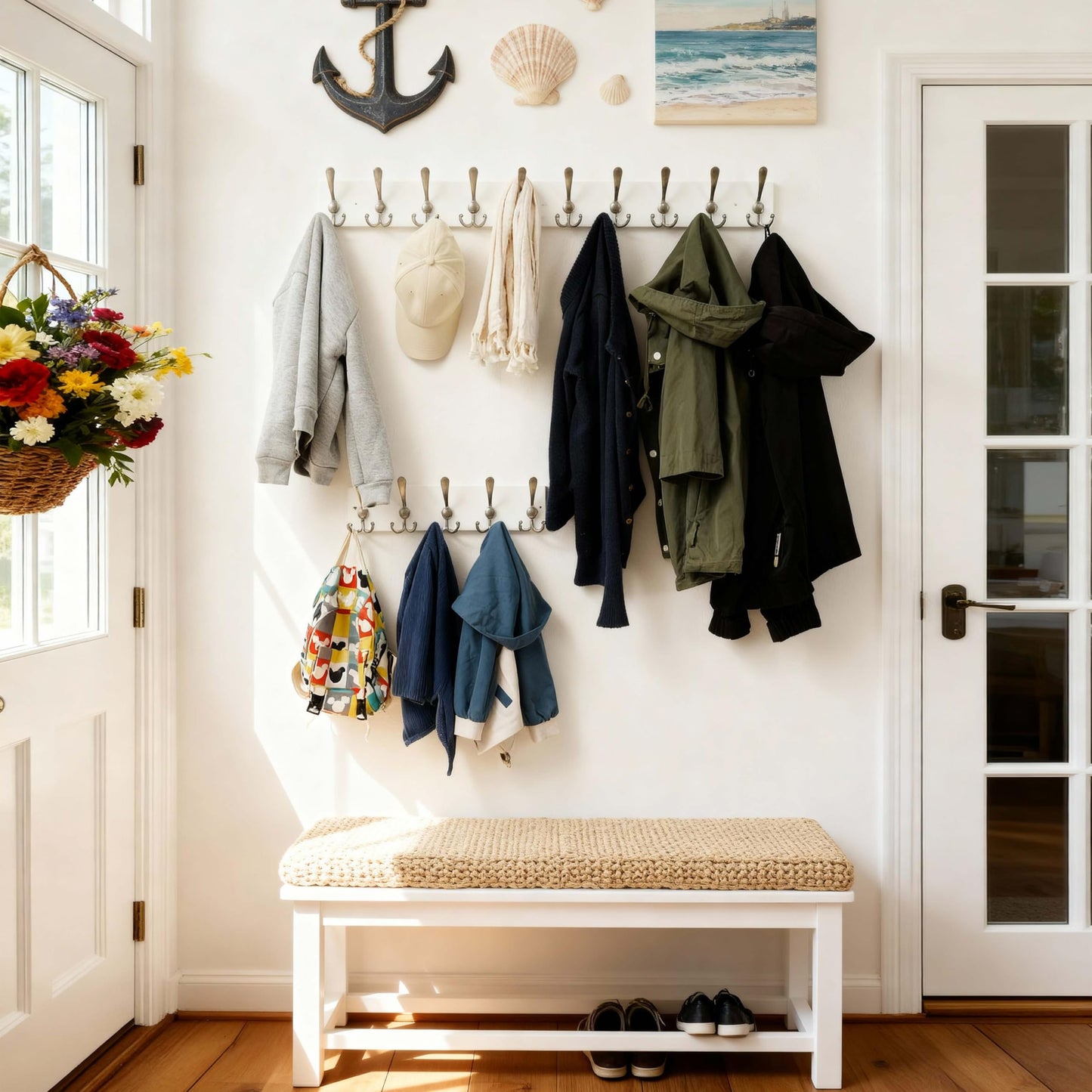 SKOLOO Creations White Solid Wood Wall Mounted Coat Rack, 5 Hooks, 16-7/8" Long - Kitchen, Mudroom, Entryway, Bathroom - Includes Mounting Hardware