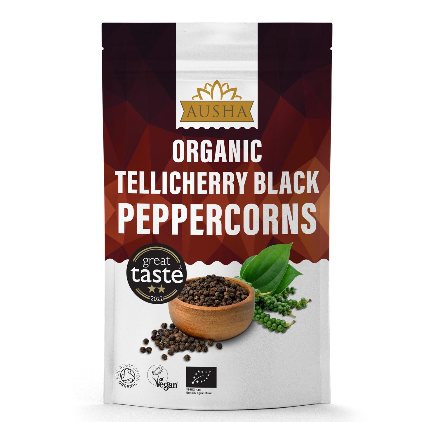 Ausha Organic Tellicherry Black Peppercorns 500g Whole - 2** GREAT TASTE AWARD - UK Certified Organic by Soil Association - For Grinding and Cooking-