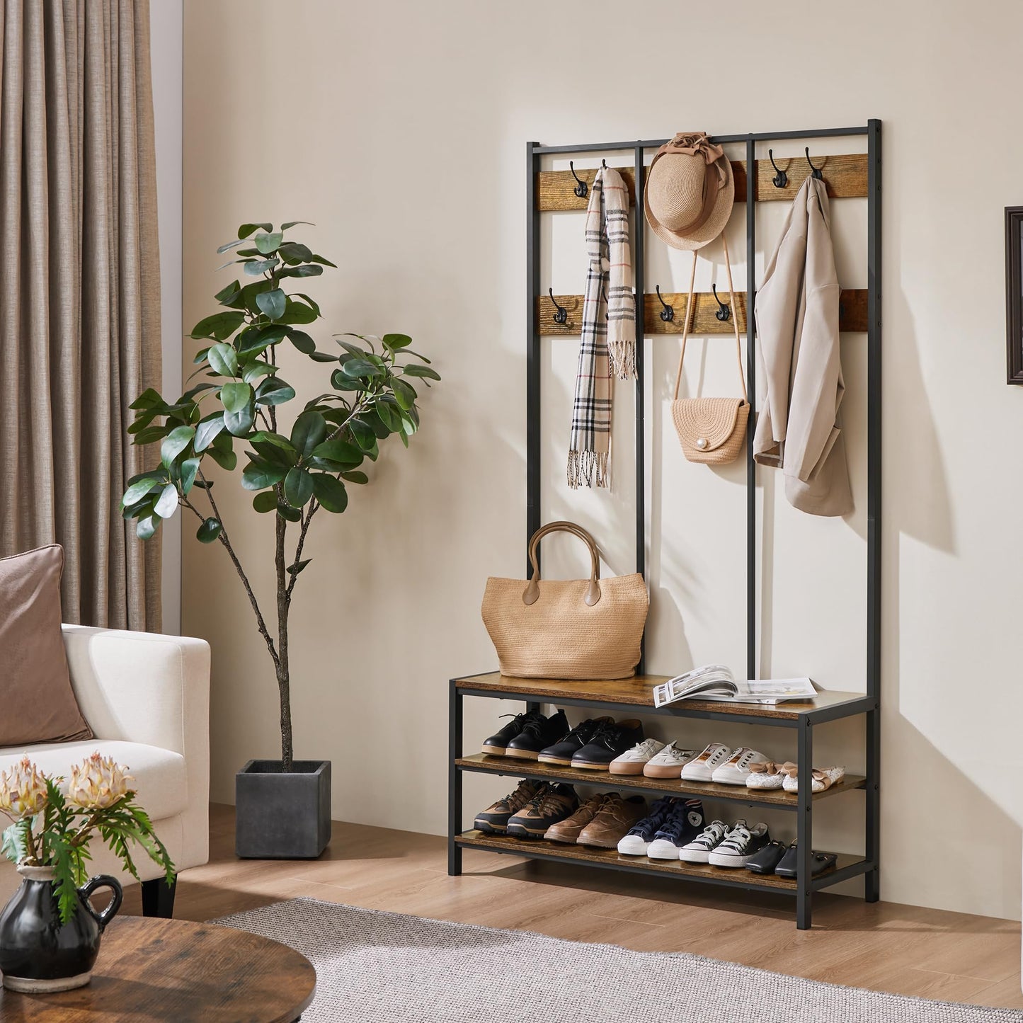 Yaheetech 3-in-1 Hall Tree Coat Rack with Shoe Bench & 24 Hooks, Brown