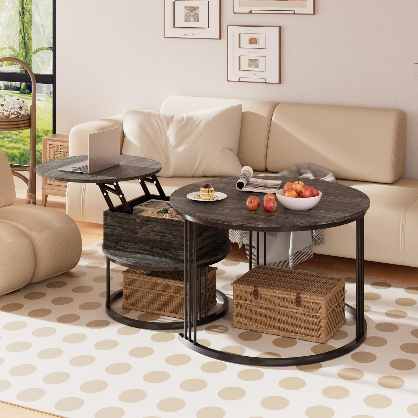 PURFINO Round Coffee Table - 70cm/50cm Nesting Tables Set of 2, Hydraulic Lift-Top with Hidden Storage, Centre Table for Living Room, Small Space