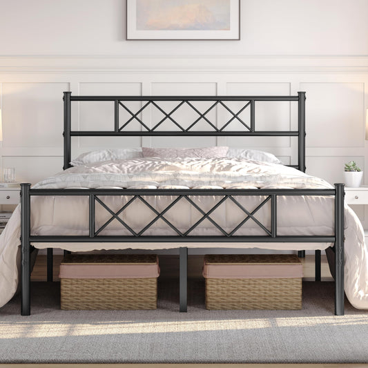 Yaheetech 5ft King Bed, Metal Bed Frame Mattress Foundation with Cross-design Headboard & Footboard, Slatted Bed Base for Teenagers/Adults, Black