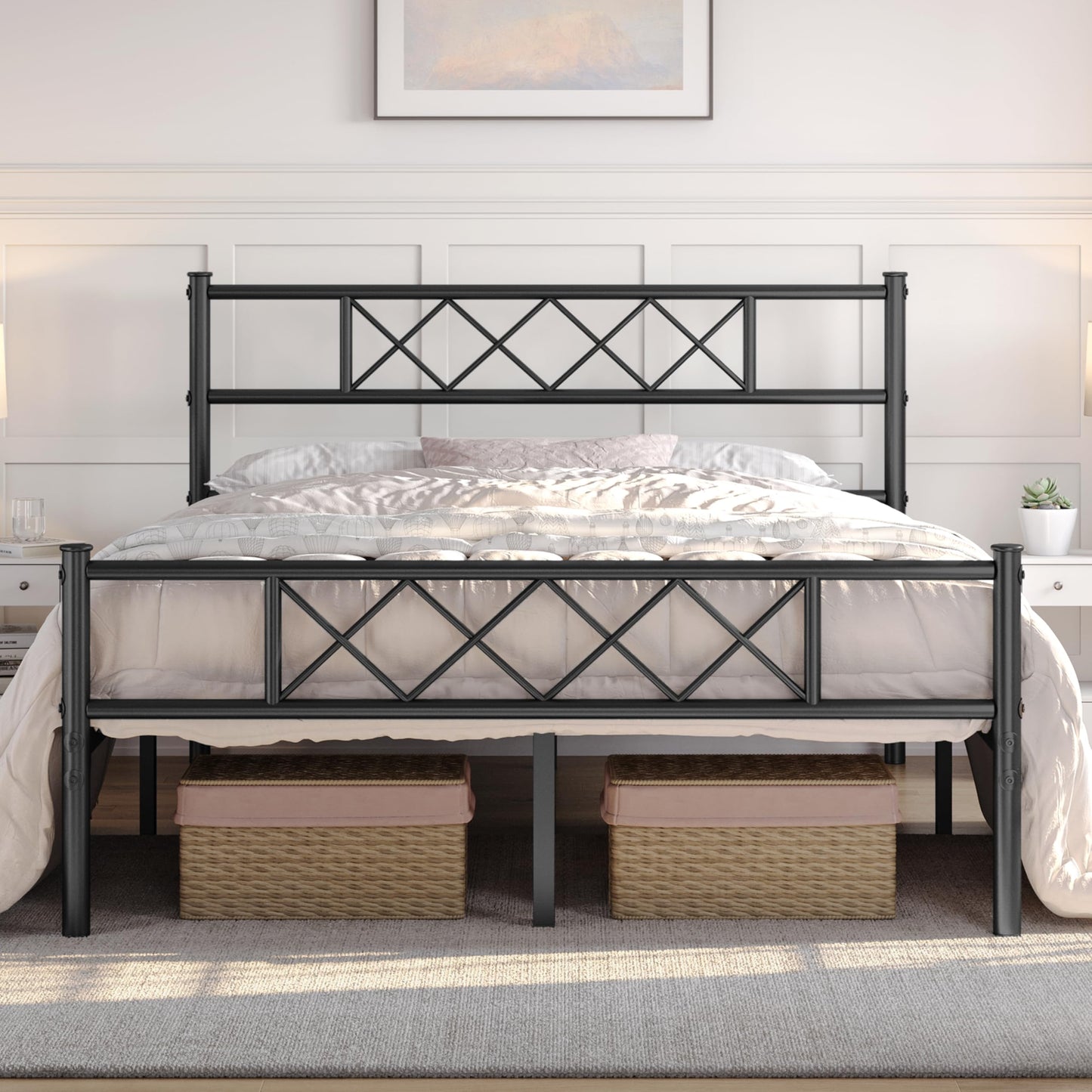 Yaheetech 5ft King Metal Bed Frame with Cross-design Headboard, Black
