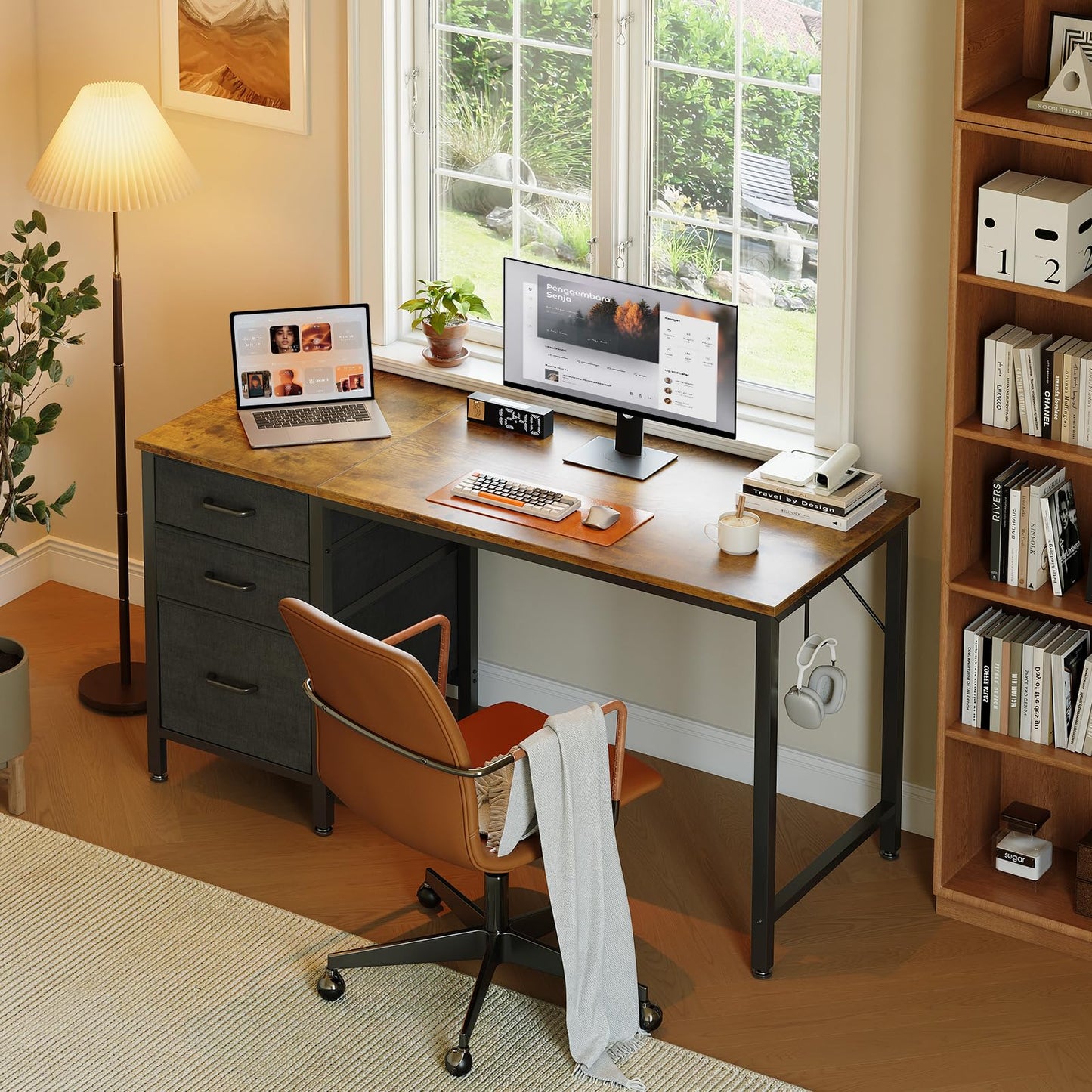 Coleshome Computer Desk with Drawers, 120cm Office Desk with Storage, Brown