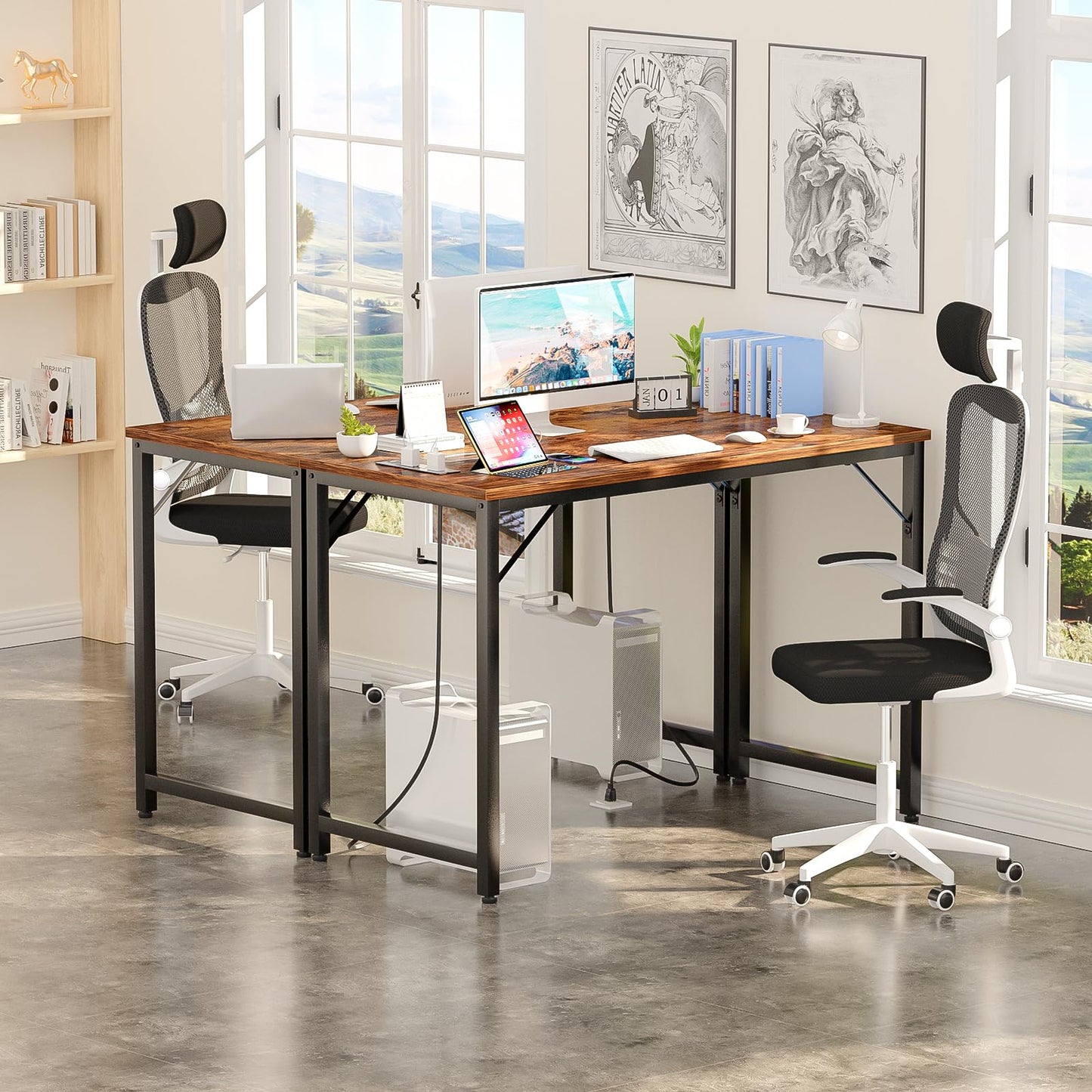 iSunirm 32 inch Computer Desk with Power Outlets, Rustic Brown Small Desk for Small Spaces, Compact Home Office Desk