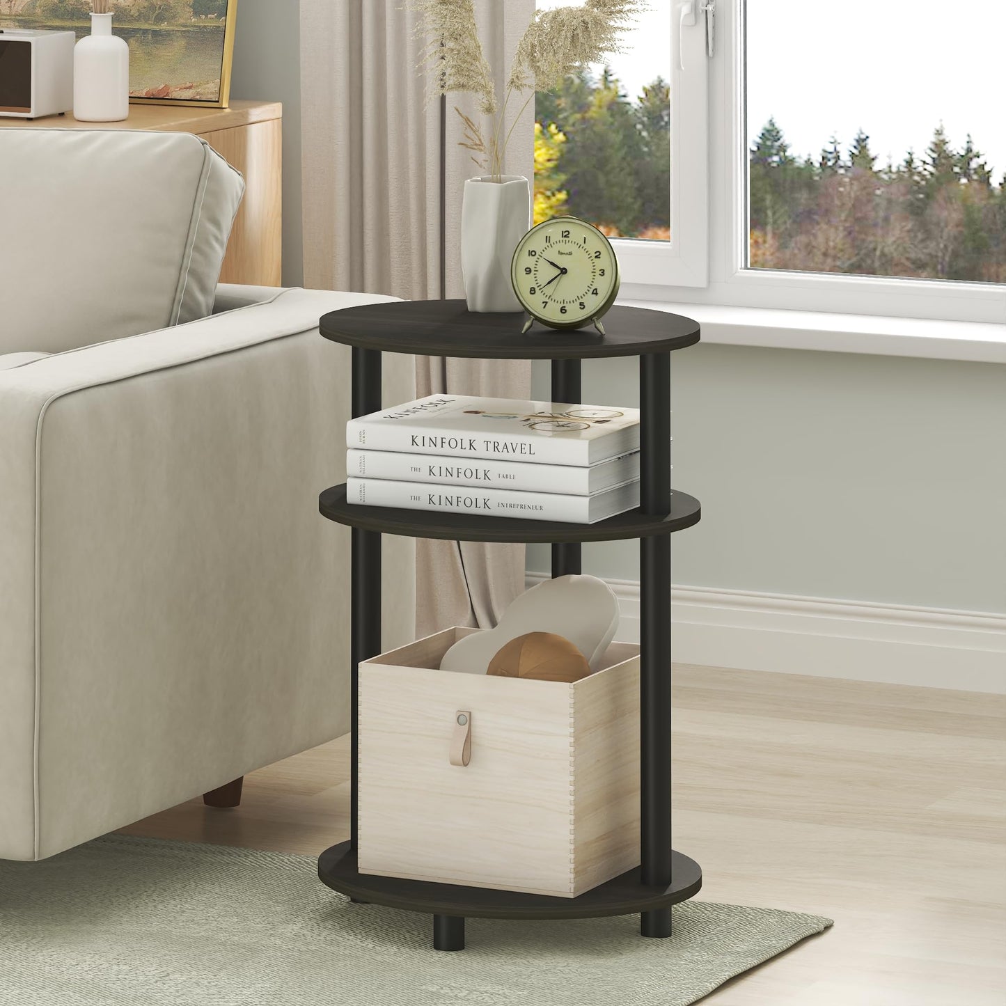 Furinno TURN-N-TUBE Side Table, 3-Tier Oval End Table, Night Stand, Bedside Table, for Living Room, Bedroom, Espresso/Black