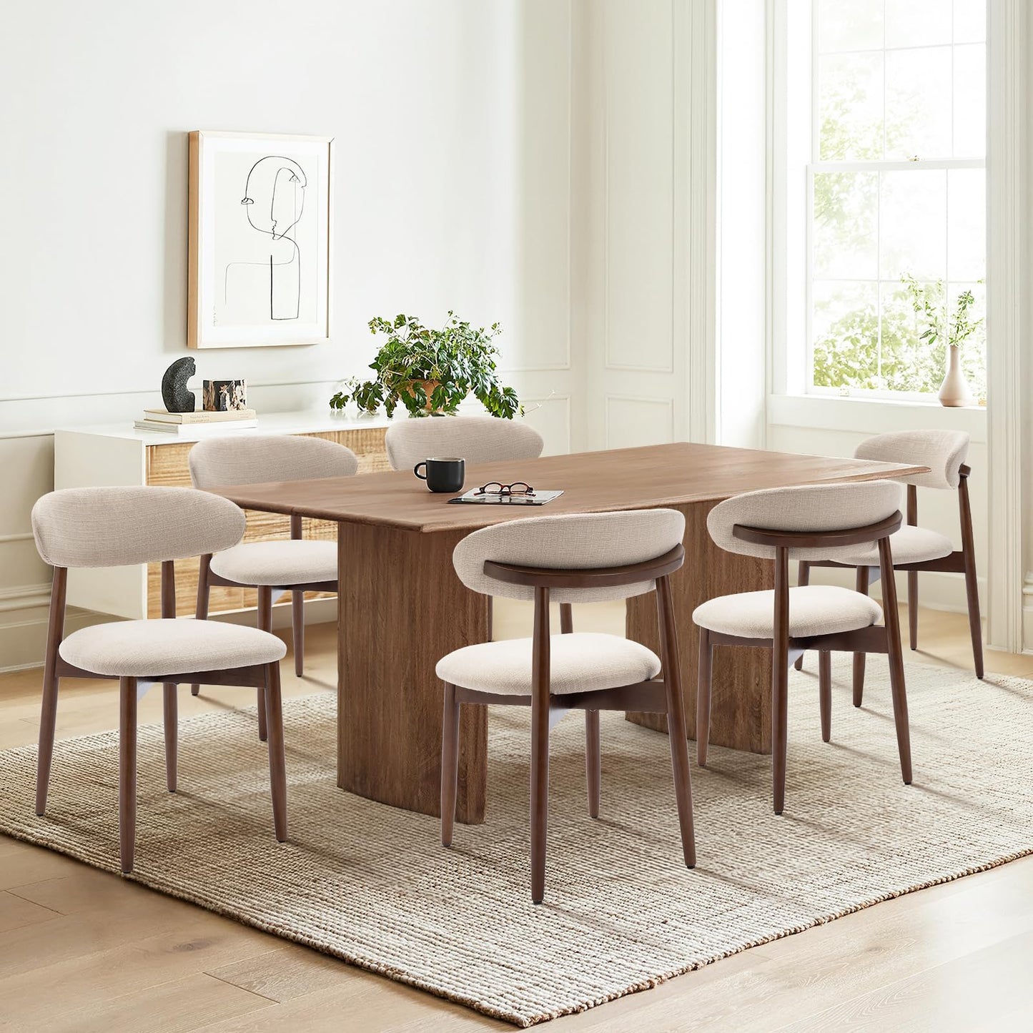COLAMY Modern Dining Chairs Set with Wooden Legs – Upholstered Fabric Dining Room Chairs with Curved Backrest, Soft Cushion Seat