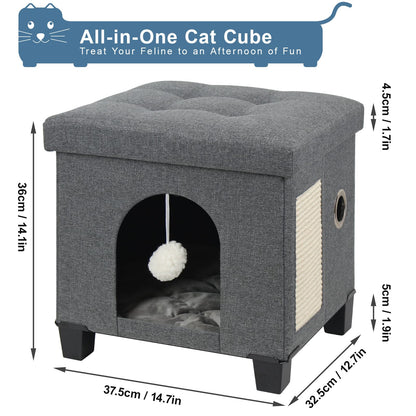 BRIAN & DANY Collapsible Cat Cave for Indoor Cats, Multifunctional Cube Cat House with Cat Scratch Board & Ball, 37.5 x 32.5 x 36 cm, Gray