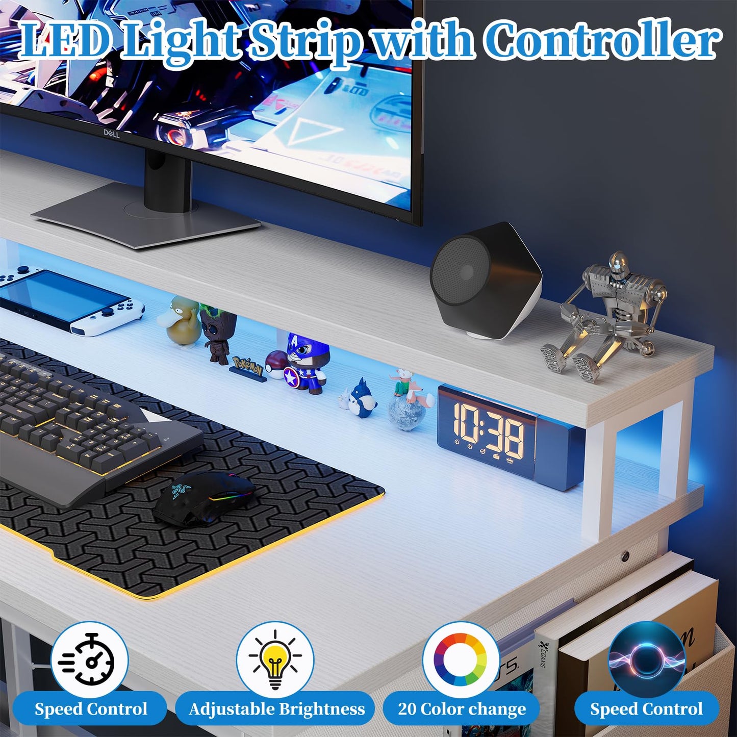 Grandder L Shaped Desk with LED Lights & Power Outlets, 100 cm Gaming Desk with 2 Shelves, Computer Table with Monitor Stand, Home Office, White