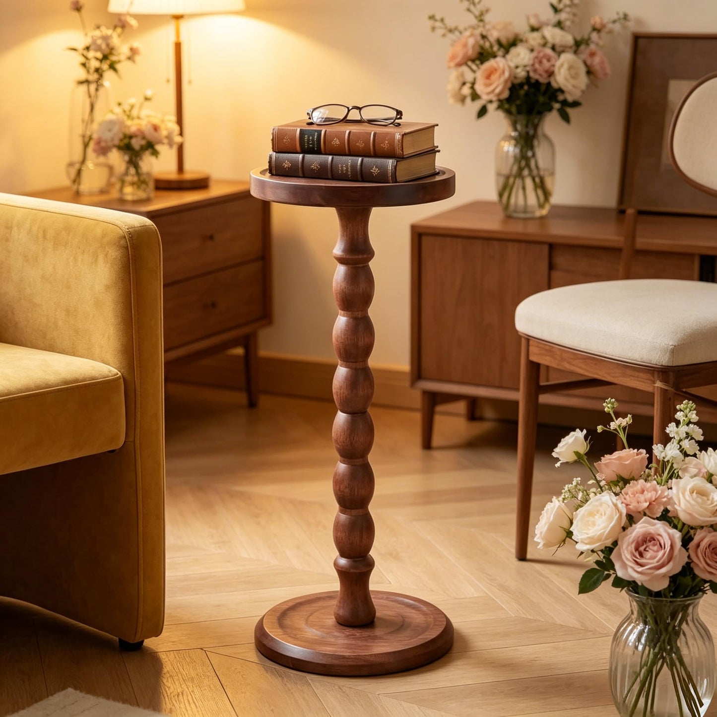 Perclyzm Solid Oak Wood Round Side Table, Rustic Brown Tall Pedestal Drinks Table, Dark Walnut Finish, Tray Top for Living Room, Sofa, Bedroom