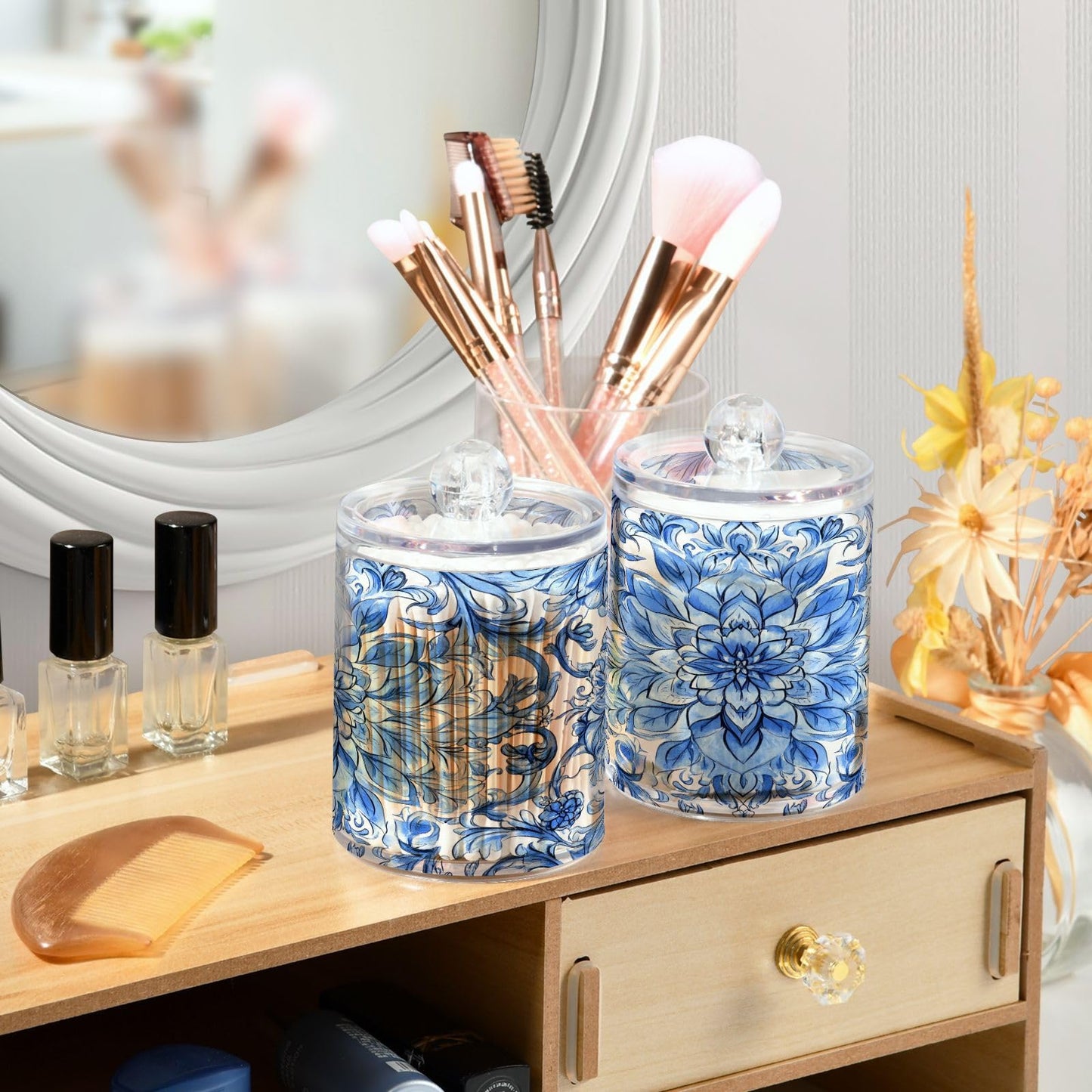 Ewusp White Blue Pattern Qtip Holder 2 PCS Clear Plastic Apothecary Jars with Lid Cotton Pad Holder Dispenser Cotton Bud Holder Bathroom Storage