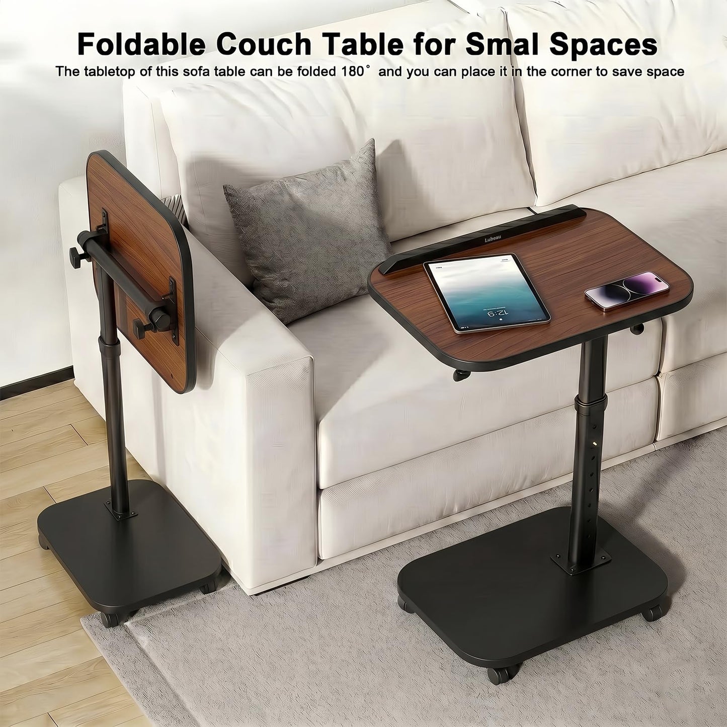 C Shaped Side Table, Sofa TV Tray Tables Adjustable Height & 180° Flip-Over Panel Design