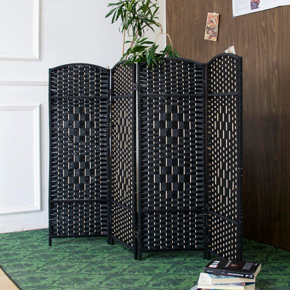 Furnnylane 4 Panel Black Rattan Divider Short Room Partition Screen,Double Sided Short Folding Divider for Room Separation,120 cm Tall