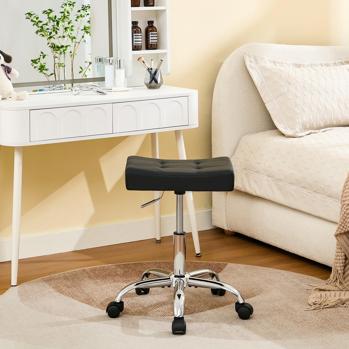 FIRAVOE Office Stool with Wheels (136 kg Capacity) (Adjustable Height 43.5–54.5 cm) Black Faux Leather Workbench Stool