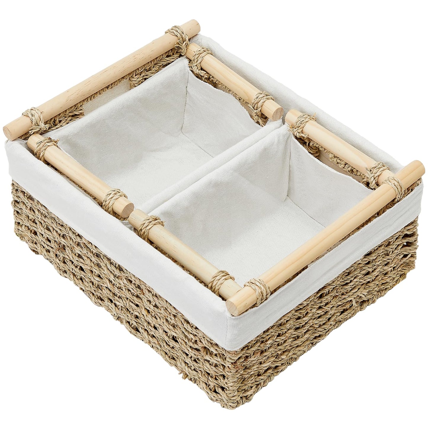 Vagusicc Large Seagrass Storage Basket with Handles, 38 x 30 x 17.5 cm, Set of 3 Hand-woven Wicker Organiser Bins with Cloth Lining