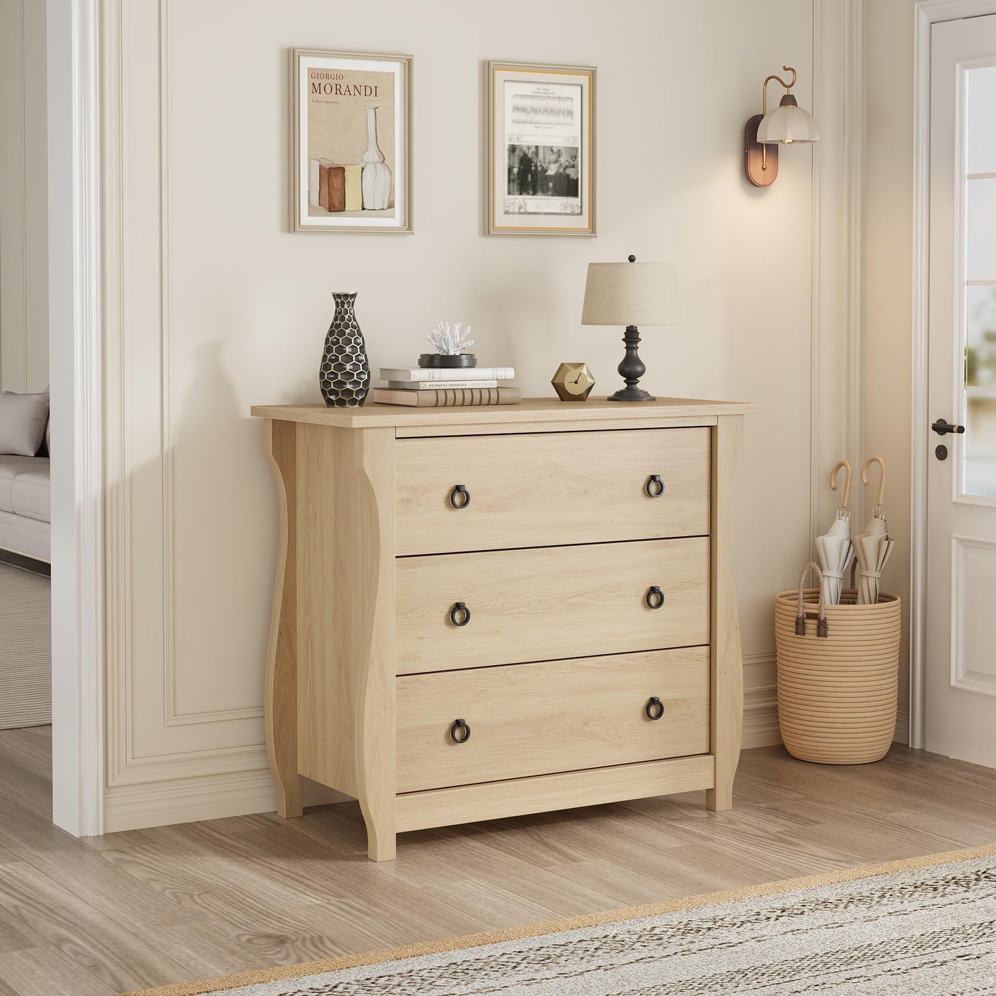Crevyteg 3 Drawer Dresser, Modern Dresser for Bedroom, 29.3 in Tall Chest of Drawer with Metal Ring Pull Handles
