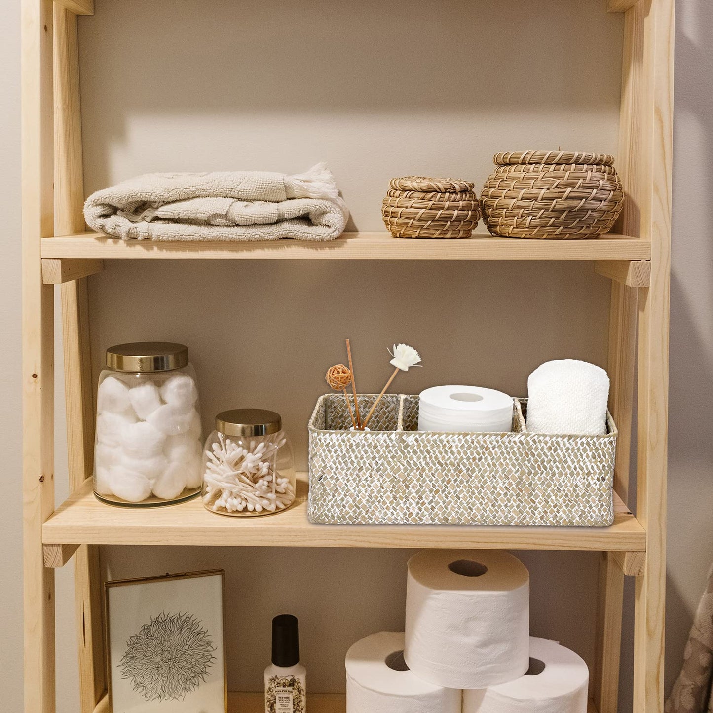 IGNPION 3-compartment Seagrass Storage Basket Woven Seagrass Desktop Baskets Rectangular Organiser Box Shelves & Desks Decorative Basket for Sundries
