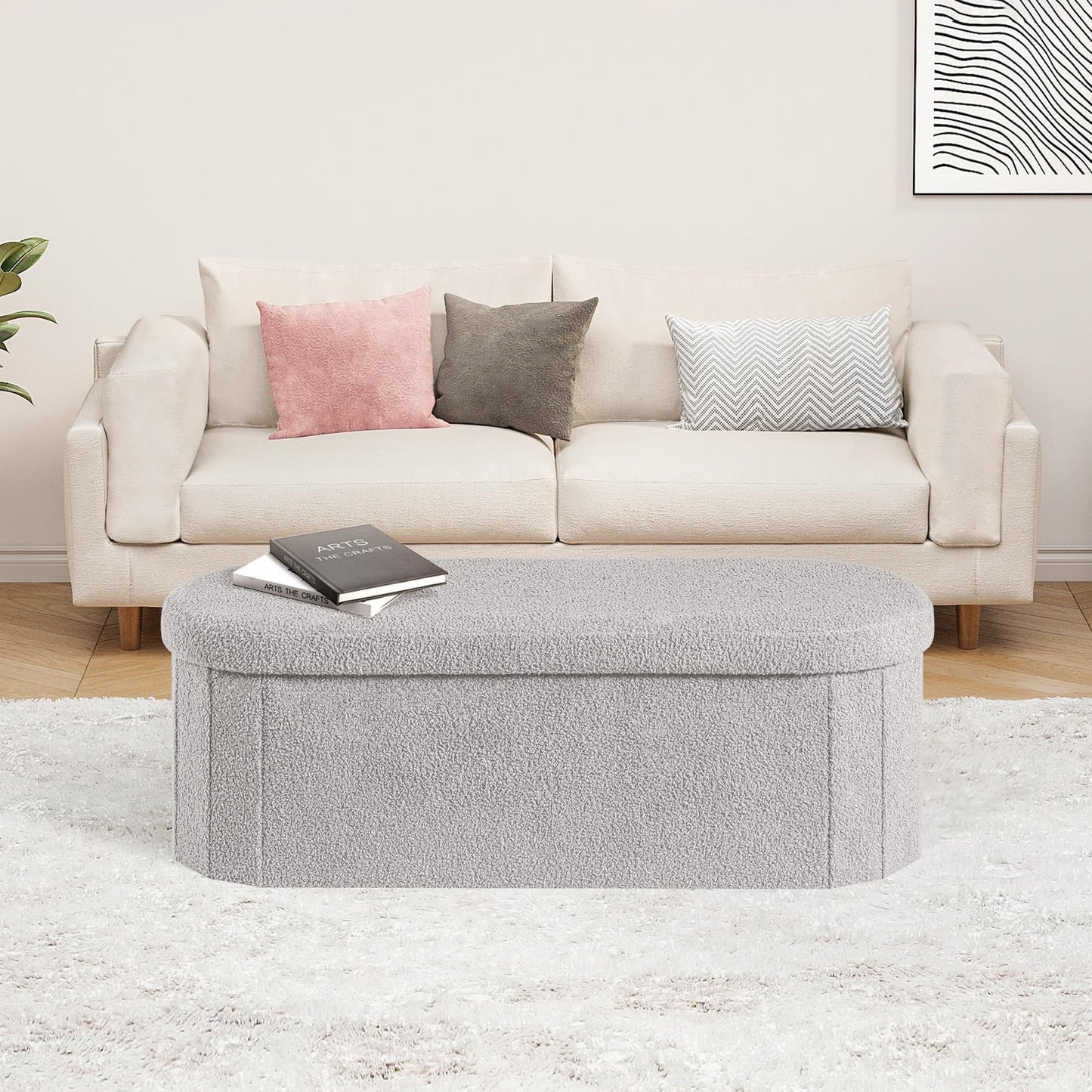PINPLUS Foldable Oval Ottoman Storage Bench, Grey, 110x38x38 cm