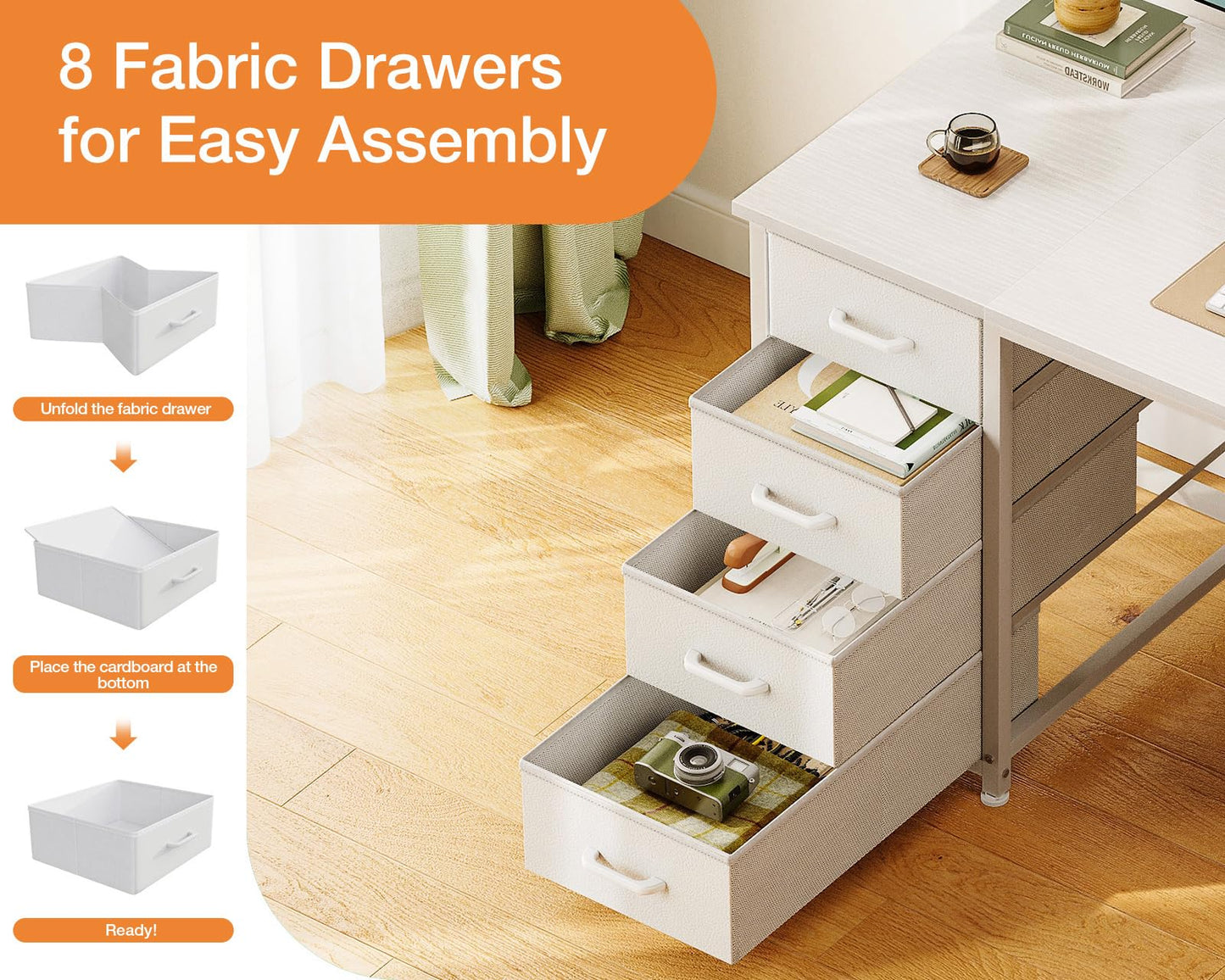 Coleshome Computer Desk with 8 Fabric Drawers, Office Desk with Storage