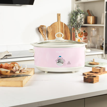 Salter Pink Retro 6.5L Slow Cooker  3 Heat Settings & Keep Warm, Dishwasher Safe Ceramic Pot, Tempered Glass Lid, Cool Touch Handles, Family Cooking,