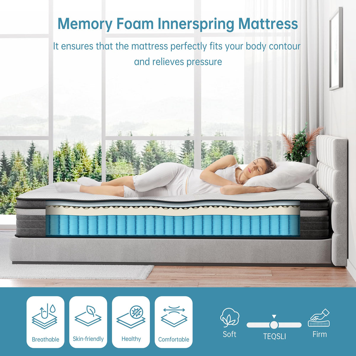 TeQsli Individually Pocket Sprung Double Mattress 4FT6 with Soft Fabric, 10.6 Inch Hybrid Mattress Double for Pressure & Back Pain Relief
