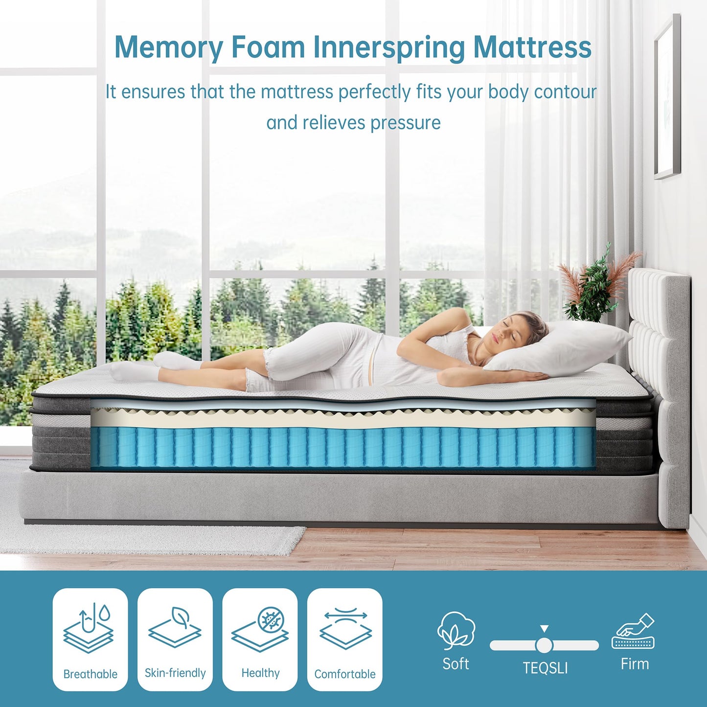 TeQsli Individually Pocket Sprung King Mattress 5FT with Soft Fabric, 10 Inch Hybrid Mattress King for Pressure & Back Pain Relief