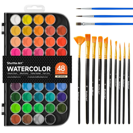 Shuttle Art 58 Pack Watercolour Paint Set, 48 Colours Watercolour Pan with 13 Paint Brushes for Kids and Beginners to Watercolour Paint, Bullet