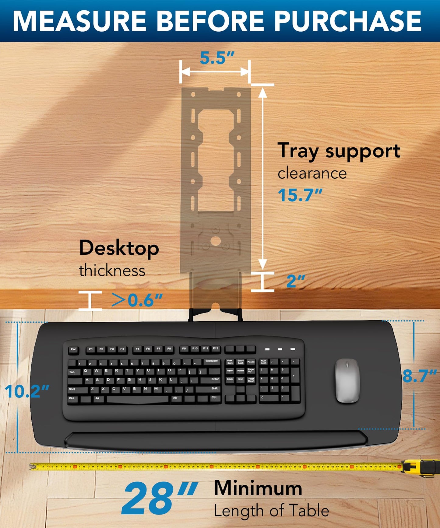 AX WABER Keyboard Tray Under Desk with Storage Drawer, Height Adjustable Keyboard Tray Slide Out 360° Swivel Tilt