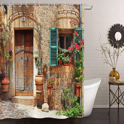 Hnmdmyi 3D Shower Curtain 180x220, Garden Flowers Scenery Street Alley Vintage Look Stone Wall with Door Bathroom Curtains with Hooks Waterproof