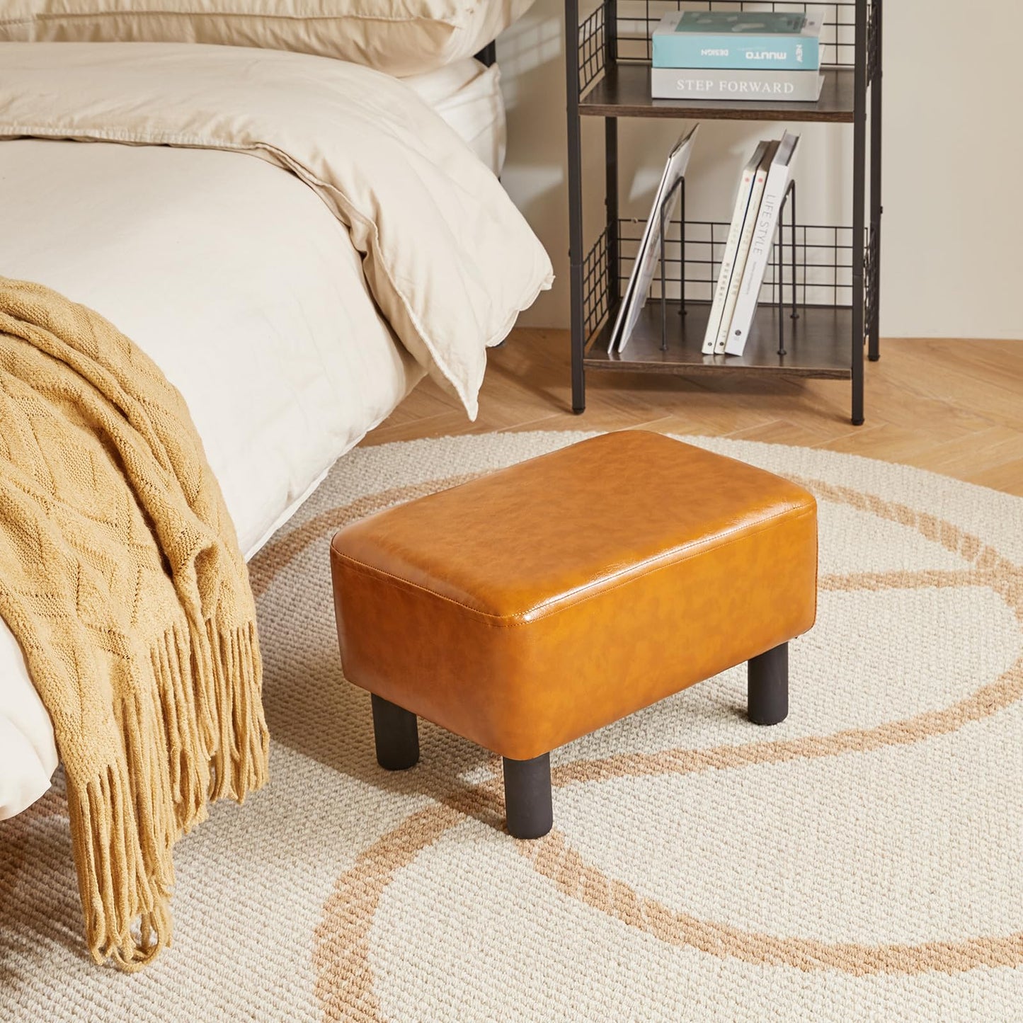 IBUYKE 16.54" Small Footstool PU Leather Ottoman Footrest Modern Home Living Room Bedroom Rectangular Stool, with Padded Seat Pine Wood Legs